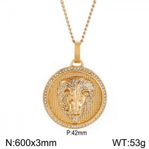 European and American hiphop stainless steel round brand necklace personality diamond lion head male pendant necklace - KN230171-K