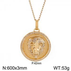 European and American hiphop stainless steel round brand necklace personality diamond lion head male pendant necklace - KN230171-K