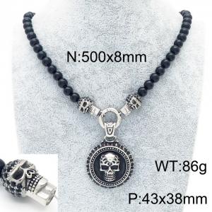 Men's Steel Skull Zircon Black Onyx Bead Necklace - KN230593-K