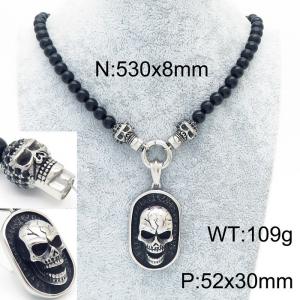 Men's Steel Skull Zircon Black Onyx Bead Necklace - KN230595-K