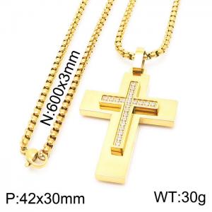 Charm 60cm square pearl chain zircon cross in a cross pendant gold plated jewelry men's stainless steel necklace - KN230644-KFC