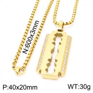 Punk jewelry 18k gold plated stainless steel square pearl chain with zirconia blade pendant necklaces - KN230660-KFC