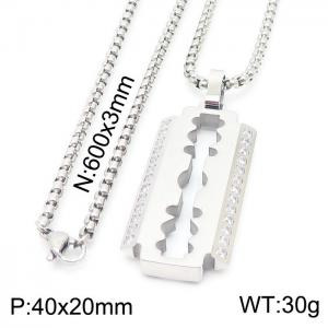 Punk jewelry silver stainless steel square pearl chain with zirconia blade pendant necklaces - KN230661-KFC