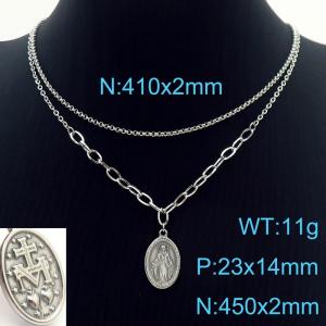 Double Layer Chain Virgin Mary Pendant Necklace Stainless Steel Silver Color - KN231074-Z