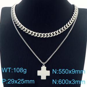 Double Layer Chain Cross Pendant Necklace Stainless Steel Silver Color - KN231083-Z