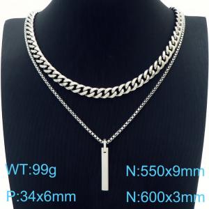Double Layer Cuban Chain Long Strip Pendant Necklace Stainless Steel Silver Color - KN231087-Z