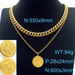 Double Layer Link Chain CSPB Pendant Necklace Stainless Steel Gold Color - KN231096-Z
