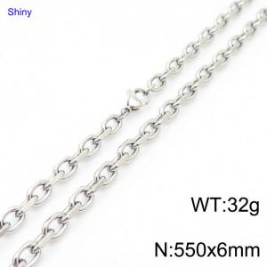 6mm55cm=Simple men's and women's stainless steel polished cut edge o chain Silver necklace - KN231267-Z