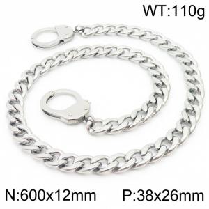 12mm60cmCouple style personality can open handcuffs Cuban chain Silver necklace - KN231272-Z