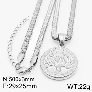 Stainless steel 500x3mm snake chain with life tree circle pendant trendy silver necklace - KN231773-Z