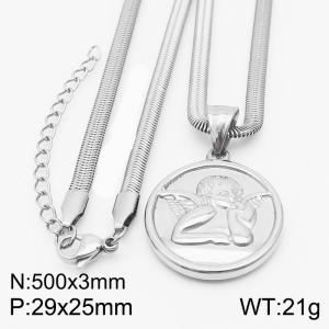 Stainless steel 500x3mm snake chain with angel circle pendant trendy silver necklace - KN231774-Z