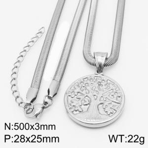 Stainless steel 500x3mm snake chain with life tree circle pendant trendy silver necklace - KN231780-Z