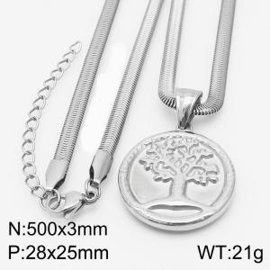 Stainless steel 500x3mm snake chain with life tree circle pendant trendy silver necklace - KN231782-Z