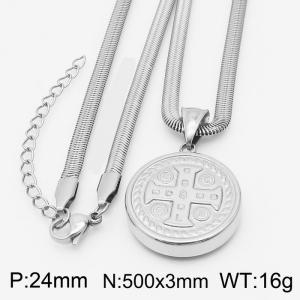 Stainless steel 500x3mm snake chain with religious cross circle pendant trendy silver necklace - KN231800-Z