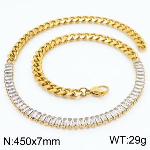 Stianless Steel Gold Plating Cuban Chain with Full Zircon Splicing Siler Chain Necklace - KN232647-Z