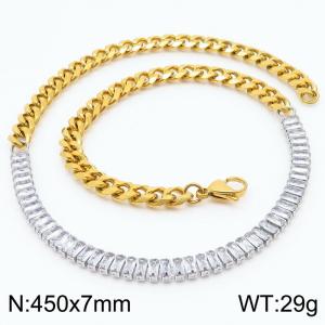 Stianless Steel Gold Plating Cuban Chain with Full Zircon Splicing Siler Chain Necklace - KN232649-Z