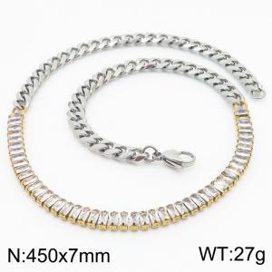 Stianless Steel Silver Color Cuban Chain with Full Zircon Splicing Gold Chain Necklace - KN232650-Z