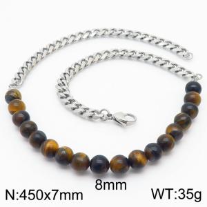 Stianless Steel 7mm Silver Color Cuban Chain with 8mm Tiger Stone Necklace - KN232658-Z