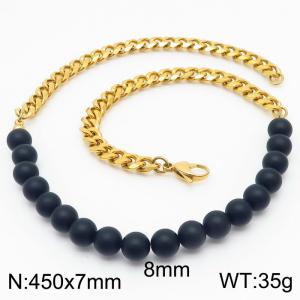 Stianless Steel 7mm Gold Color Cuban Chain with 8mm Matte Onyx Necklace - KN232659-Z