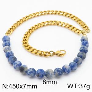 Stianless Steel 7mm Gold Color Cuban Chain with 8mm Blue Spot Necklace - KN232661-Z