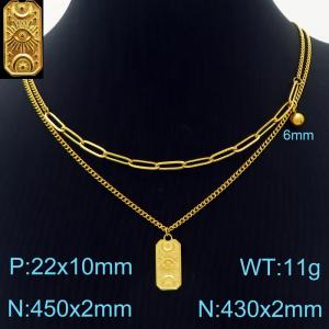 450mm Women Gold-Plated Stainless Steel Double Style Chains Necklace with Cartoon Bell&Patterned Square Pendant - KN232674-Z