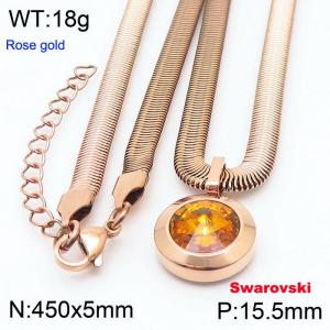 Stainless steel 450X5mm  snake chain with swarovski big stone circle pendant fashional rose gold necklace - KN233386-K