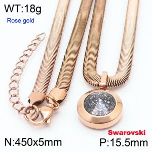 Stainless steel 450X5mm  snake chain with swarovski big stone circle pendant fashional rose gold necklace - KN233389-K