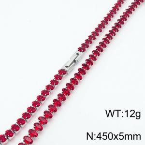 450X5mm Women Silver Color Stainless Steel Link Bracelet with Oval Red Zircons - KN234330-KFC