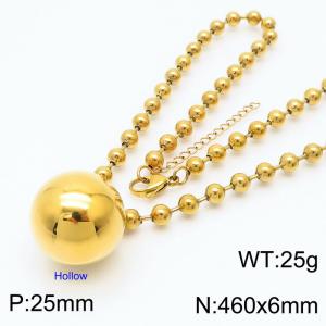 6mm Beads Chain Necklace Women Stainless Steel With Big Hollow Round Bead Pendant Charm Gold Color - KN234369-Z