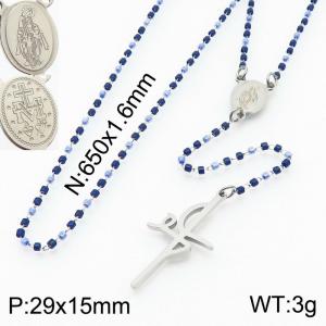 65cm Long Silver Color Stainless Steel Beads Link Chain Necklace Unisex Cross Geometry Pendant For Women Men - KN234451-Z