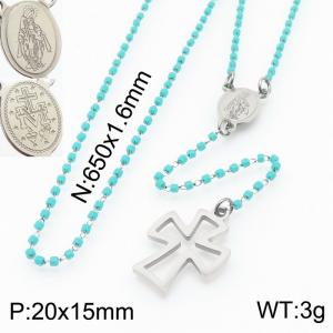 65cm Long Silver Color Stainless Steel Beads Link Chain Necklace Unisex Religion Cross Geometry Pendant For Women Men - KN234452-Z