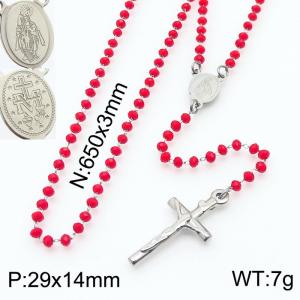 65cm Long Silver Color Stainless Steel Beads Link Chain Necklace Unisex Religion Cross Pendant For Women Men - KN234456-Z