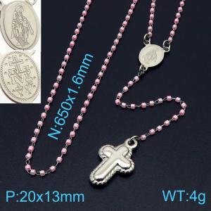 65cm Long Silver Color Stainless Steel Beads Link Chain Necklace Unisex Religion Cross Pendant For Women Men - KN234458-Z