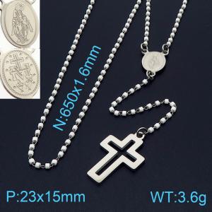 65cm Long Silver Color Stainless Steel Beads Link Chain Necklace Unisex Religion Cross Pendant For Women Men - KN234459-Z