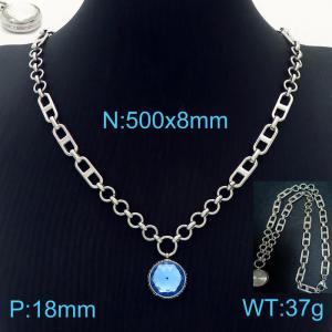 50cm Long Silver Color Stainless Steel Blue Color Round Crystal Glass Pentand Link Chain Necklace For Women - KN234460-Z