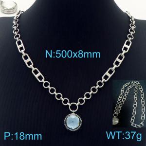 50cm Long Silver Color Stainless Steel Dark Grey Round Crystal Glass Pentand Link Chain Necklace For Women - KN234462-Z