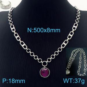 50cm Long Silver Color Stainless Steel Purple Color Round Crystal Glass Pentand Link Chain Necklace For Women - KN234463-Z