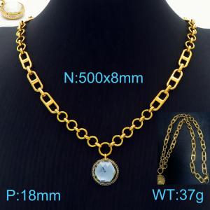 50cm Long Gold Color Stainless Steel Dark Grey Round Crystal Glass Pentand Link Chain Necklace For Women - KN234468-Z