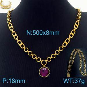 50cm Long Gold Color Stainless Steel Purple Color Round Crystal Glass Pentand Link Chain Necklace For Women - KN234469-Z