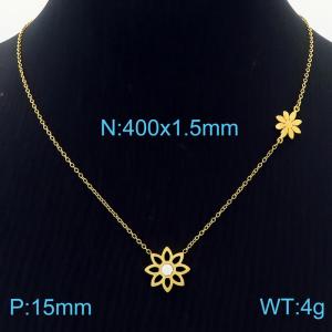 Gold Color Stainless Steel Rhinestone Sun Flower Pendant Link Chain Necklace For Women - KN235560-LX