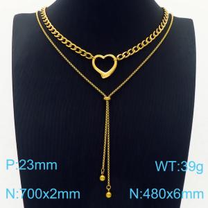 Women 700&480mm Gold-Plated Stainless Steel Double Necklaces with Hollow Love Heart Charm - KN236213-Z