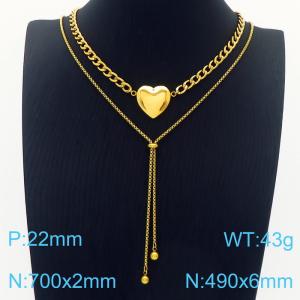 Women 700&490mm Gold-Plated Stainless Steel Double Necklaces with Love Heart Charm - KN236215-Z