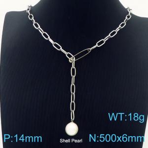 50cm Silver Color Stainless Steel Shell Pearl Bead Pendant Square Link Chain Necklace - KN236239-Z