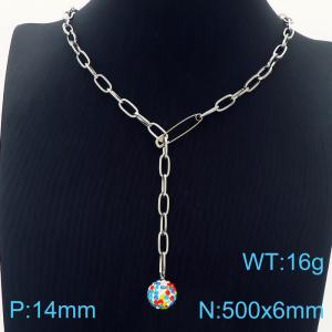 50cm Silver Color Stainless Steel Colorful Rhinestone Bead Pendant Square Link Chain Necklace - KN236241-Z