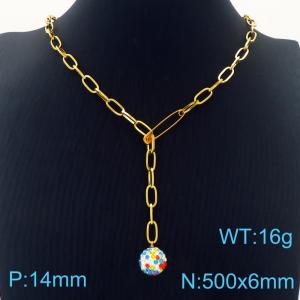 50cm Gold Color Stainless Steel Colorful Rhinestone Bead Pendant Square Link Chain Necklace - KN236242-Z