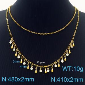 Gold Color Copper Double Layer Link Chain Crystal Glass Necklace - KN236253-Z
