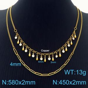 Gold Color Copper Double Layer Link Chain Crystal Glass Necklace - KN236255-Z
