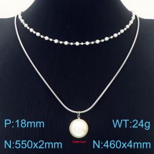 Women 550&460mm Double Stainless Steel Elastic Round Chain&Pearls Links Necklace with Shell Pearl Pendant - KN236358-Z