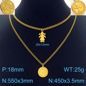 Double Cuban  Link Chain Gold Color Round Stainless Steel Girls Pendant Necklace - KN236466-Z