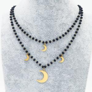 Simple Gold Moon Black Bead Strand Double Chains Stainless Steel Pendant Necklace For Women - KN236494-MW